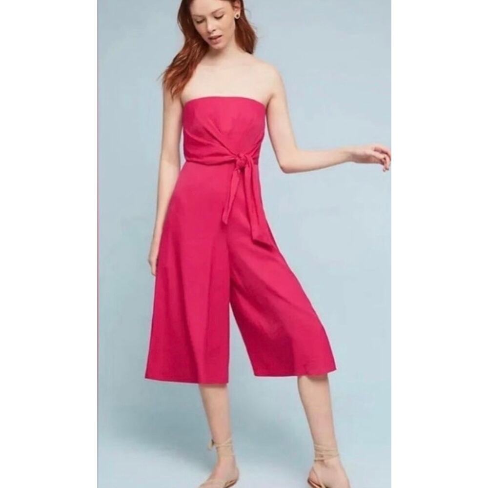 Anthropologie Maeve Bright Pink Jumpsuit Romper Tie Waist Strapless Culotte 4P